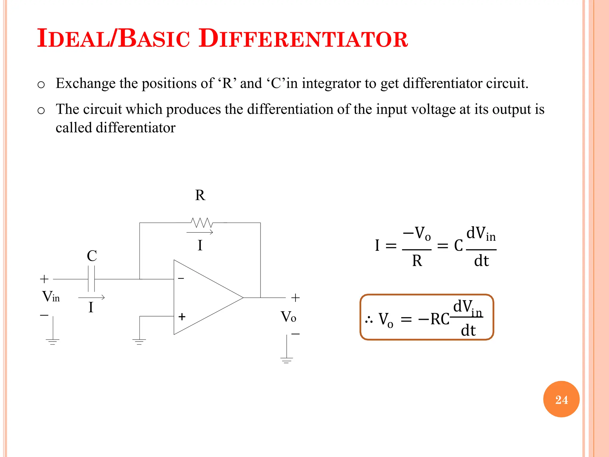 IDEAL/BASIC DIFFERENTIATOR
o Exchange the positions of ‘R’ and ‘C’in integrator to get differentiator circuit.
o The circuit which produces the differentiation of the input voltage at its output is
called differentiator
+
_
+
_
C
R
Vin
_
+
Vo
I
I
−Vo dVin
I = = C
R dt
o
dV
∴ V = −RC in
dt
24
 