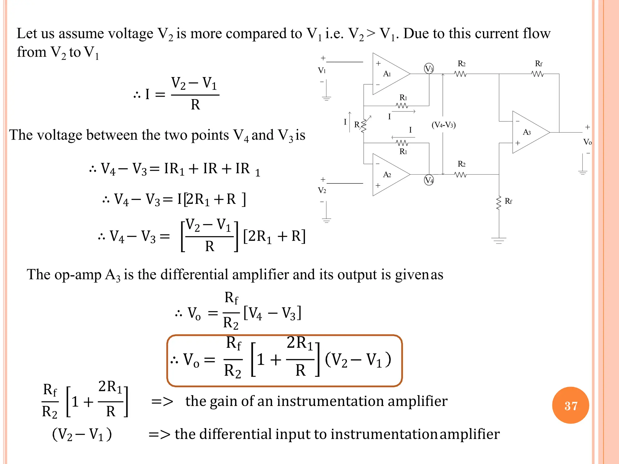 Let us assume voltage V2 is more compared to V1 i.e. V2 > V1. Due to this current flow
from V2 toV1
∴ I =
V2− V1
R
1
∴ V4− V3= IR1 + IR + IR
∴ V4− V3= I 2R1 +R
The voltage between the two points V4 and V3is
∴ V4− V3 =
V2− V1
R 1
2R + R
The op-amp A3 is the differential amplifier and its output is givenas
o
R2
Rf
∴ V = V − V
4 3
Rf
∴ Vo =
R2 R
2R1
1 + V2− V1
Rf
R2
2R1
1 +
R
V2− V1
=> the gain of an instrumentation amplifier
=> the differential input to instrumentationamplifier
+
+
+
_
_
_
_
R
R1
R1
R2
+ R2 Rf
Rf
+
Vo
_
V1
_
+
V2
V3
V4
A1
A3
A2
I
I
I
(V4-V3)
37
 