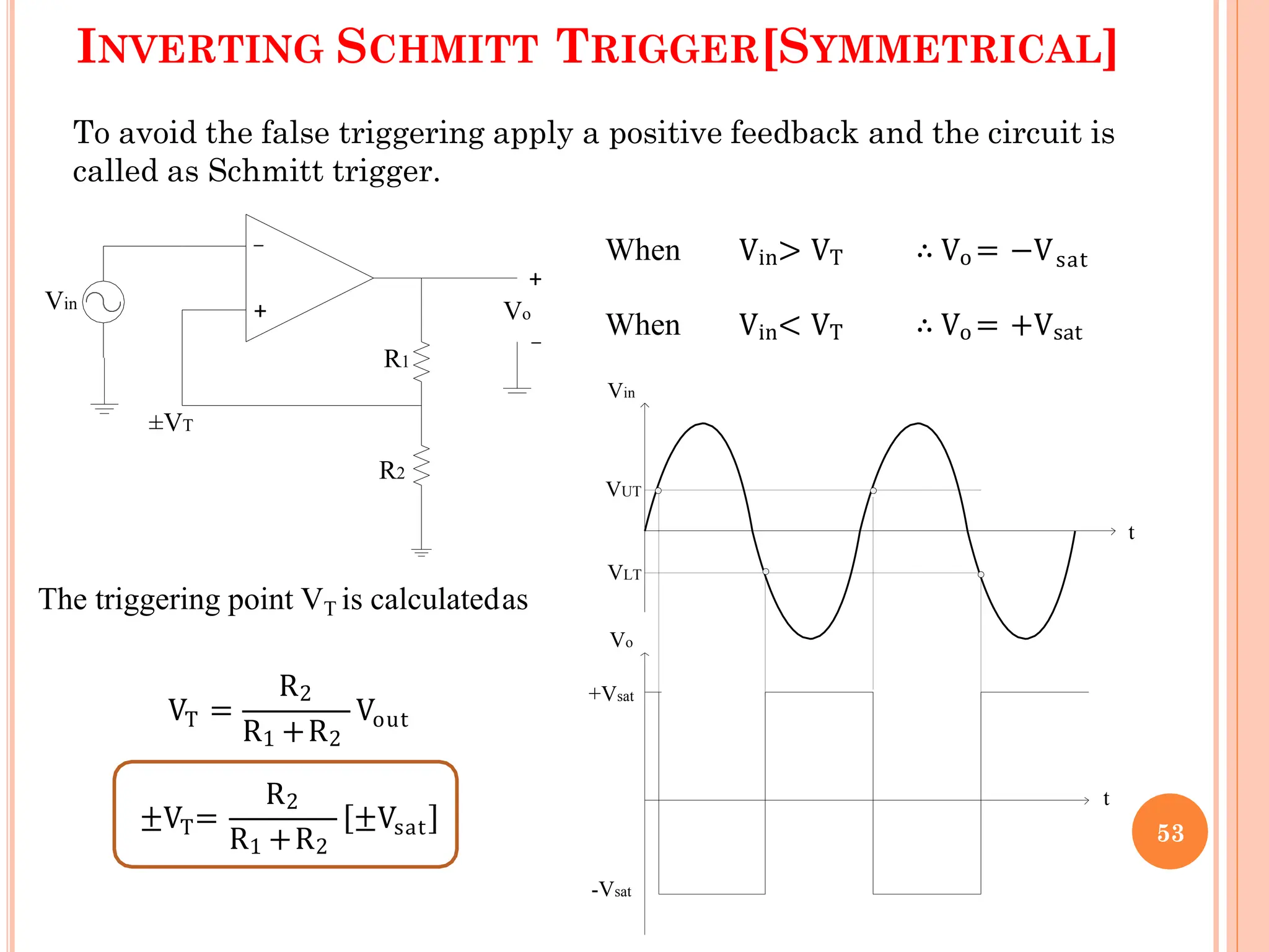 INVERTING SCHMITT TRIGGER[SYMMETRICAL]
To avoid the false triggering apply a positive feedback and the circuit is
called as Schmitt trigger.
The triggering point VT is calculatedas
T
V =
R2
Vout
When Vin> VT ∴ Vo = −Vsat
When Vin< VT ∴ Vo = +Vsat
Vin
Vo
+Vsat
-Vsat
VUT
VLT
t
t
T
±V =
R1 +R2
R2
R1 +R2
±Vsat 53
+
_
Vin
Vo
+
_
R1
R2
±VT
 