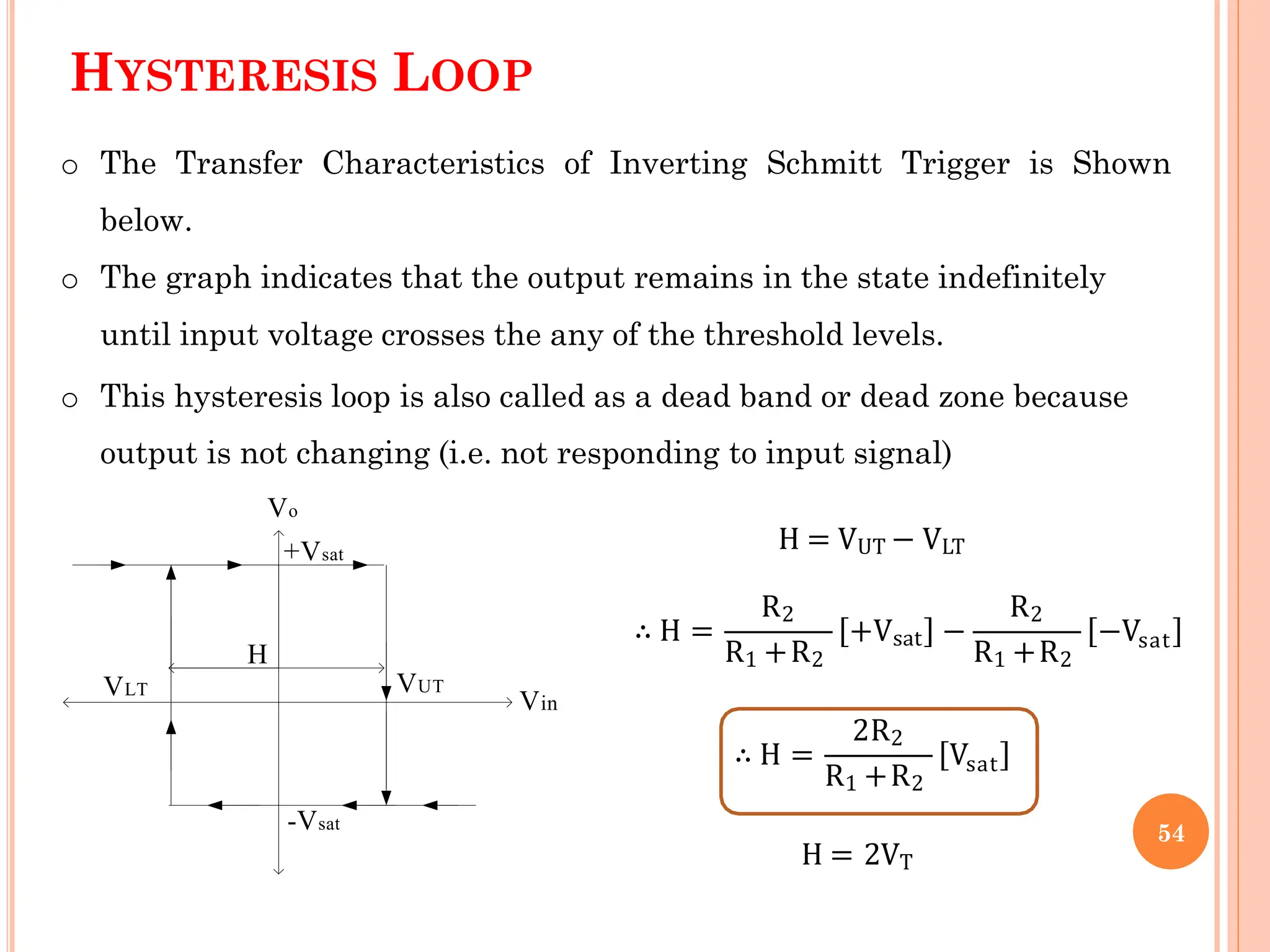 HYSTERESIS LOOP
H = VUT − VLT
∴ H =
R2
R1 +R2
+Vsat −
R2
R1 +R2
−Vsat
∴ H =
2R2
R1 +R2
Vsat
H = 2VT
54
VLT VUT
+Vsat
-Vsat
o The Transfer Characteristics of Inverting Schmitt Trigger is Shown
below.
o The graph indicates that the output remains in the state indefinitely
until input voltage crosses the any of the threshold levels.
o This hysteresis loop is also called as a dead band or dead zone because
output is not changing (i.e. not responding to input signal)
Vo
Vin
H
 