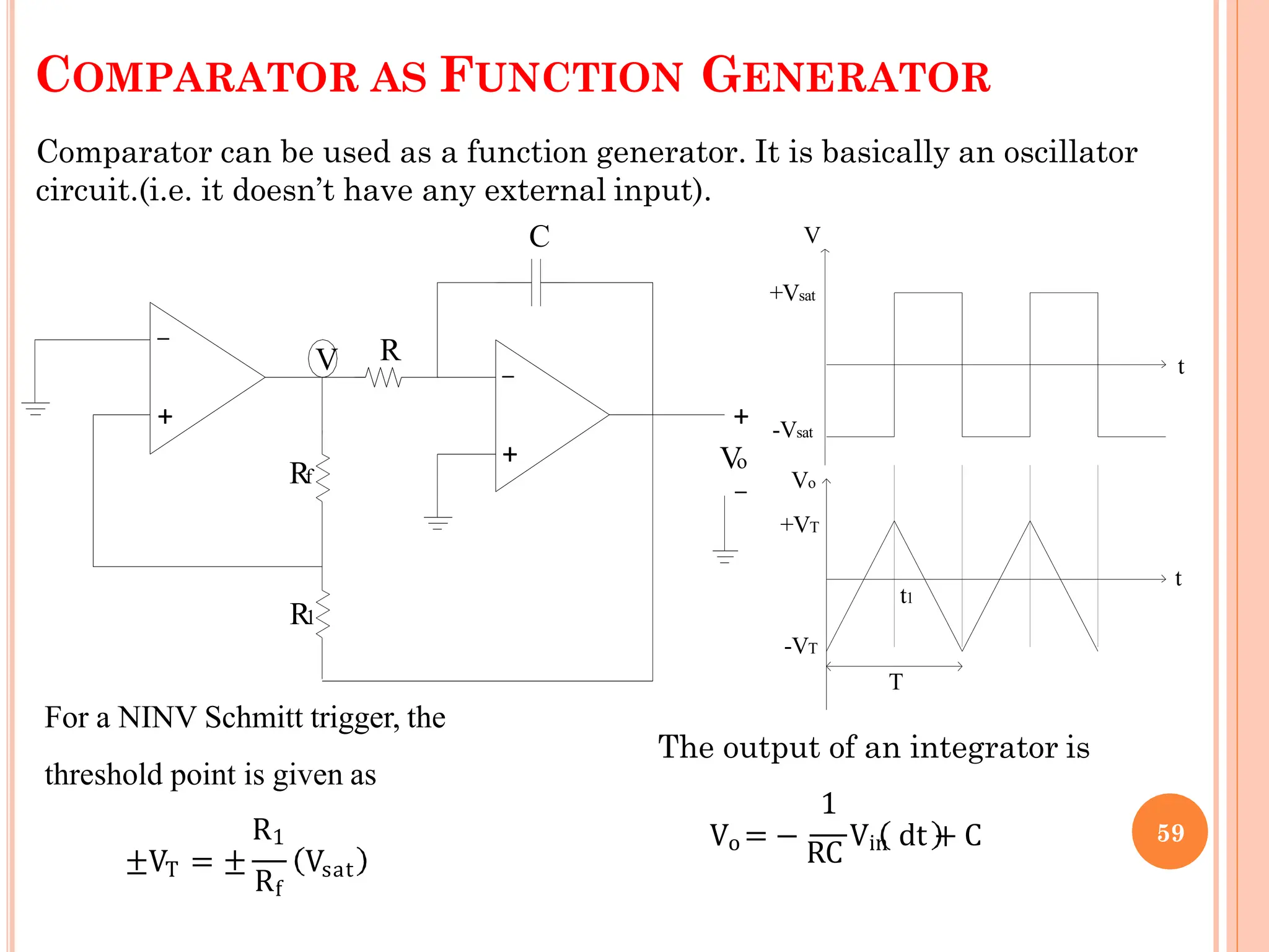 COMPARATOR AS FUNCTION GENERATOR
+
_
+
_
R1
Rf
R
C
Vo
+
_
V
-VT
+Vsat
-Vsat
Vo
+VT
V
T
t1
t
t
Comparator can be used as a function generator. It is basically an oscillator
circuit.(i.e. it doesn’t have any external input).
For a NINV Schmitt trigger, the
threshold point is given as
T
Rf
R1
±V = ± Vsat
1
Vo = −
RC
Vin dt + C
The output of an integrator is
59
 