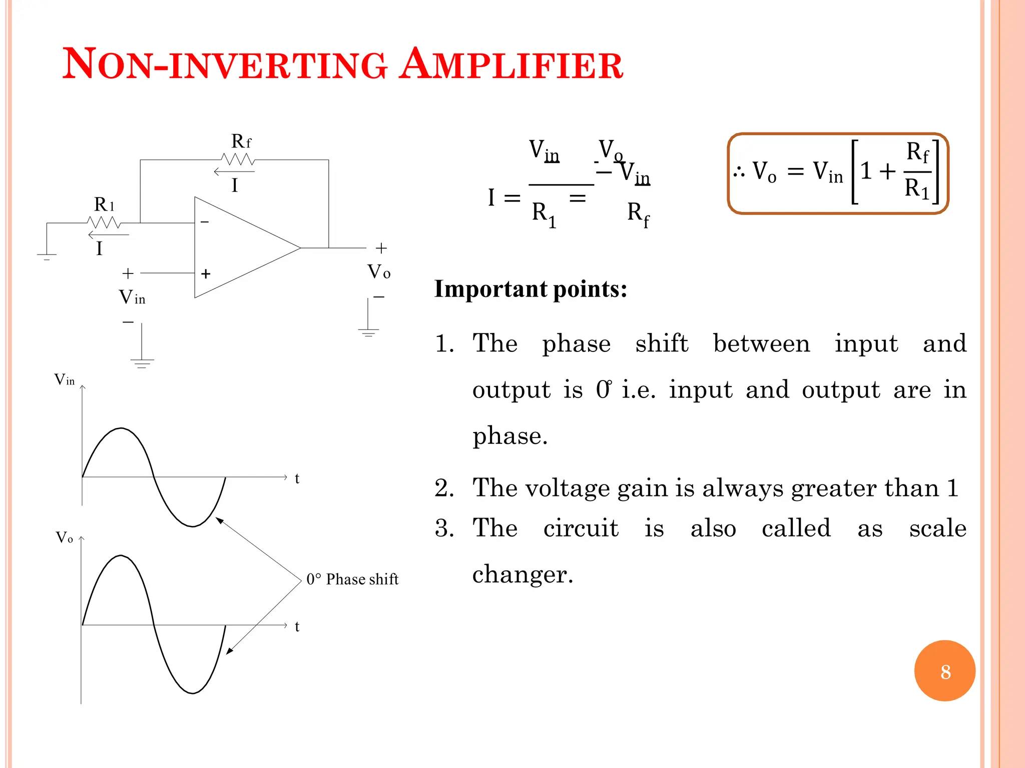 NON-INVERTING AMPLIFIER
Vin Vo
− Vin
I =
R
=
R
1 f
∴ Vo = Vin 1 +
Rf
R1
Important points:
1. The phase shift between input and
output is 0̊ i.e. input and output are in
phase.
2. The voltage gain is always greater than 1
3. The circuit is also called as scale
changer.
+
_
Rf
R1
Vo
+
_
_
+
I
I
Vin
Vin
Vo
t
t
0° Phase shift
8
 