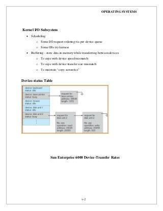 OPERATING SYSTEMS
v-2
Kernel I/O Subsystem
 Scheduling
o Some I/O request ordering via per-device queue
o Some OSs try fairness
 Buffering - store data in memory while transferring between devices
o To cope with device speed mismatch
o To cope with device transfer size mismatch
o To maintain “copy semantics”
Device-status Table
Sun Enterprise 6000 Device-Transfer Rates
 