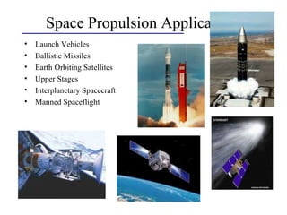 Space Propulsion Applications
• Launch Vehicles
• Ballistic Missiles
• Earth Orbiting Satellites
• Upper Stages
• Interplanetary Spacecraft
• Manned Spaceflight
 