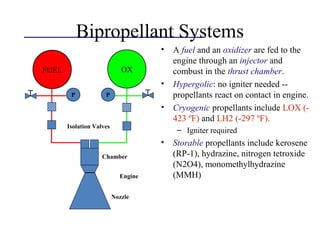 Bipropellant Systems
• A fuel and an oxidizer are fed to the
engine through an injector and
combust in the thrust chamber.
• Hypergolic: no igniter needed --
propellants react on contact in engine.
• Cryogenic propellants include LOX (-
423 ºF) and LH2 (-297 ºF).
– Igniter required
• Storable propellants include kerosene
(RP-1), hydrazine, nitrogen tetroxide
(N2O4), monomethylhydrazine
(MMH)
FUEL OX
P P
Isolation Valves
Engine
Chamber
Nozzle
 