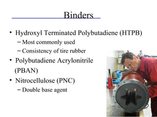Binders
• Hydroxyl Terminated Polybutadiene (HTPB)
– Most commonly used
– Consistency of tire rubber
• Polybutadiene Acrylonitrile
(PBAN)
• Nitrocellulose (PNC)
– Double base agent
 