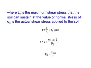 where ζff is the maximum shear stress that the
soil can sustain at the value of normal stress of
σn is the actual shear stress applied to the soil
 