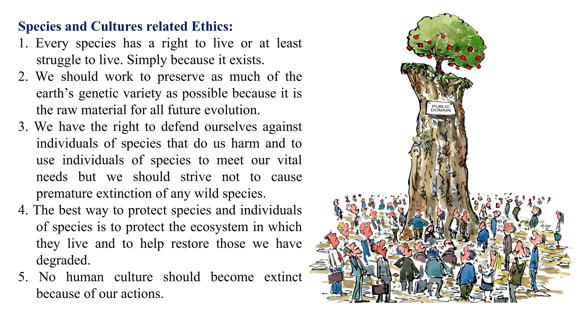 Species and Cultures related Ethics:
1. Every species has a right to live or at least
struggle to live. Simply because it exists.
2. We should work to preserve as much of the
earth’s genetic variety as possible because it is
the raw material for all future evolution.
3. We have the right to defend ourselves against
individuals of species that do us harm and to
use individuals of species to meet our vital
needs but we should strive not to cause
premature extinction of any wild species.
4. The best way to protect species and individuals
of species is to protect the ecosystem in which
they live and to help restore those we have
degraded.
5. No human culture should become extinct
because of our actions.
 