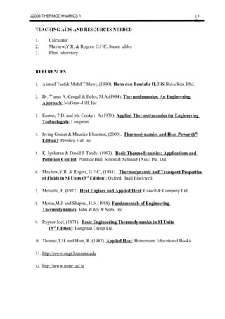 J2006 THERMODYNAMICS 1                                                               (1
                                                                                     2)

  TEACHING AIDS AND RESOURCES NEEDED

  1.      Calculator
  2.      Mayhew,Y.R. & Rogers, G.F.C. Steam tables
  3.      Plant laboratory



  REFERENCES

  1.   Ahmad Taufek Mohd Tiblawi, (1990). Haba dan Bendalir II; IBS Buku Sdn. Bhd.

  2.   Dr. Yunus A. Cengel & Boles, M.A.(1994). Thermodynamics: An Engineering
       Approach; McGraw-Hill, Inc

  3.   Eastop, T.D. and Mc Conkey, A.(1978). Applied Thermodynamics for Engineering
       Technologists; Longman

  4.   Irving Granet & Maurice Bluestein, (2000). Thermodynamics and Heat Power (6th
       Edition); Prentice Hall Inc.

  5.   K. Iynkaran & David J. Tandy, (1993). Basic Thermodynamics: Applications and
       Pollution Control; Prentice Hall, Simon & Schuster (Asia) Pte. Ltd.

  6.   Mayhew,Y.R. & Rogers, G.F.C., (1981). Thermodynamic and Transport Properties
       of Fluids in SI Units (3rd Edition); Oxford, Basil Blackwell.

  7.   Metcalfe, F. (1972). Heat Engines and Applied Heat; Cassell & Company Ltd

  8.   Moran,M.J. and Shapiro, H.N.(1988). Fundamentals of Engineering
       Thermodynamics; John Wiley & Sons, Inc

  9.   Rayner Joel, (1971). Basic Engineering Thermodynamics in SI Units
          (3rd Edition); Longman Group Ltd.

  10. Thomas,T.H. and Hunt, R. (1987). Applied Heat; Heinemann Educational Books


  11. http://www.engr.lousiana.edu

  12. http://www.mme.tcd.ie
 
