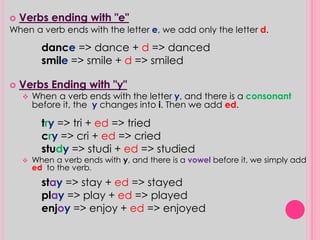  Verbs ending with "e" 
When a verb ends with the letter e, we add only the letter d. 
dance => dance + d => danced 
smile => smile + d => smiled 
 Verbs Ending with "y" 
 When a verb ends with the letter y, and there is a consonant 
before it, the y changes into i. Then we add ed. 
try => tri + ed => tried 
cry => cri + ed => cried 
study => studi + ed => studied 
 When a verb ends with y, and there is a vowel before it, we simply add 
ed to the verb. 
stay => stay + ed => stayed 
play => play + ed => played 
enjoy => enjoy + ed => enjoyed 
 