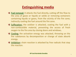 Extinguishing media
Fuel removal: It attacks the fuel directly, cutting off the flow to
the area of gases or liquids or solids or removing containers
containing liquids or gases, from the vicinity of the fire zone;
indirectly cooling the fuel around the fire zone.
Suffocation: the oxidizer is attacked, coating the fuel with a
non-combustible material, preventing the access of fresh
oxygen to the fire area by closing doors and windows.
Cooling: the activation energy was attacked, throwing on the
fire substances by decomposition or change of state absorb
energy.
Inhibition: chain reaction is attacked by free radicals that stop
the reaction.
Mª José Hernández González
9
 