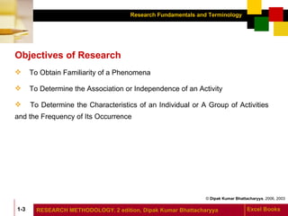 Objectives of Research To Obtain Familiarity of a Phenomena To Determine the Association or Independence of an Activity To Determine the Characteristics of an Individual or A Group of Activities  and the Frequency of Its Occurrence 