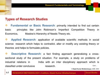 Types of Research Studies Fundamental or Basic Research :  primarily intended to find out certain basic  principles like John Robinson’s Imperfect Competition Theory in Economics,  Maslow’s Hierarchy of Needs Theory etc.  Applied Research :  application of available scientific methods in social science  research which helps to contradict, alter or modify any existing theory or theories  and helps to formulate policies.  Descriptive Research :  a fact finding approach generalizing a cross- sectional study of  the present situation. For example, a study on problems of industrial relations in  India with an inter disciplinary approach which is classified under conclusive  research. Cont…. 