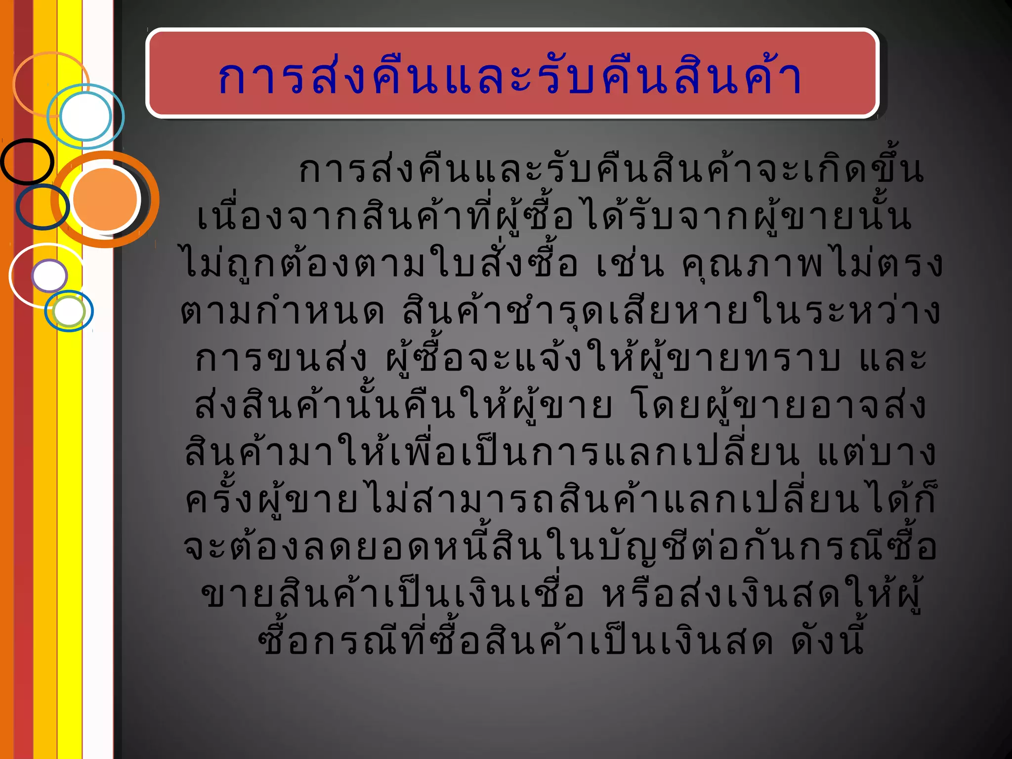 การส่ง คืน และรับ คืน สิน ค้า
  การส่ง คืน และรับ คืน สิน ค้า
          การส่ง คืน และรับ คืน สิน ค้า จะเกิด ขึ้น
 เนือ งจากสิน ค้า ทีผ ู้ซ อ ได้ร ับ จากผู้ข ายนัน
     ่                      ่ ื้                     ้
ไม่ถ ูก ต้อ งตามใบสัง ซื้อ เช่น คุณ ภาพไม่ต รง
                             ่
ตามกำา หนด สิน ค้า ชำา รุด เสีย หายในระหว่า ง
 การขนส่ง ผู้ซ อ จะแจ้ง ให้ผ ู้ข ายทราบ และ
                       ื้
 ส่ง สิน ค้า นัน คืน ให้ผ ู้ข าย โดยผู้ข ายอาจส่ง
               ้
สิน ค้า มาให้เ พือ เป็น การแลกเปลี่ย น แต่บ าง
                     ่
ครั้ง ผู้ข ายไม่ส ามารถสิน ค้า แลกเปลี่ย นได้ก ็
จะต้อ งลดยอดหนีส ิน ในบัญ ชีต ่อ กัน กรณีซ ื้อ
                          ้
 ขายสิน ค้า เป็น เงิน เชื่อ หรือ ส่ง เงิน สดให้ผ ู้
       ซื้อ กรณีท ซ ื้อ สิน ค้า เป็น เงิน สด ดัง นี้
                  ี่
 