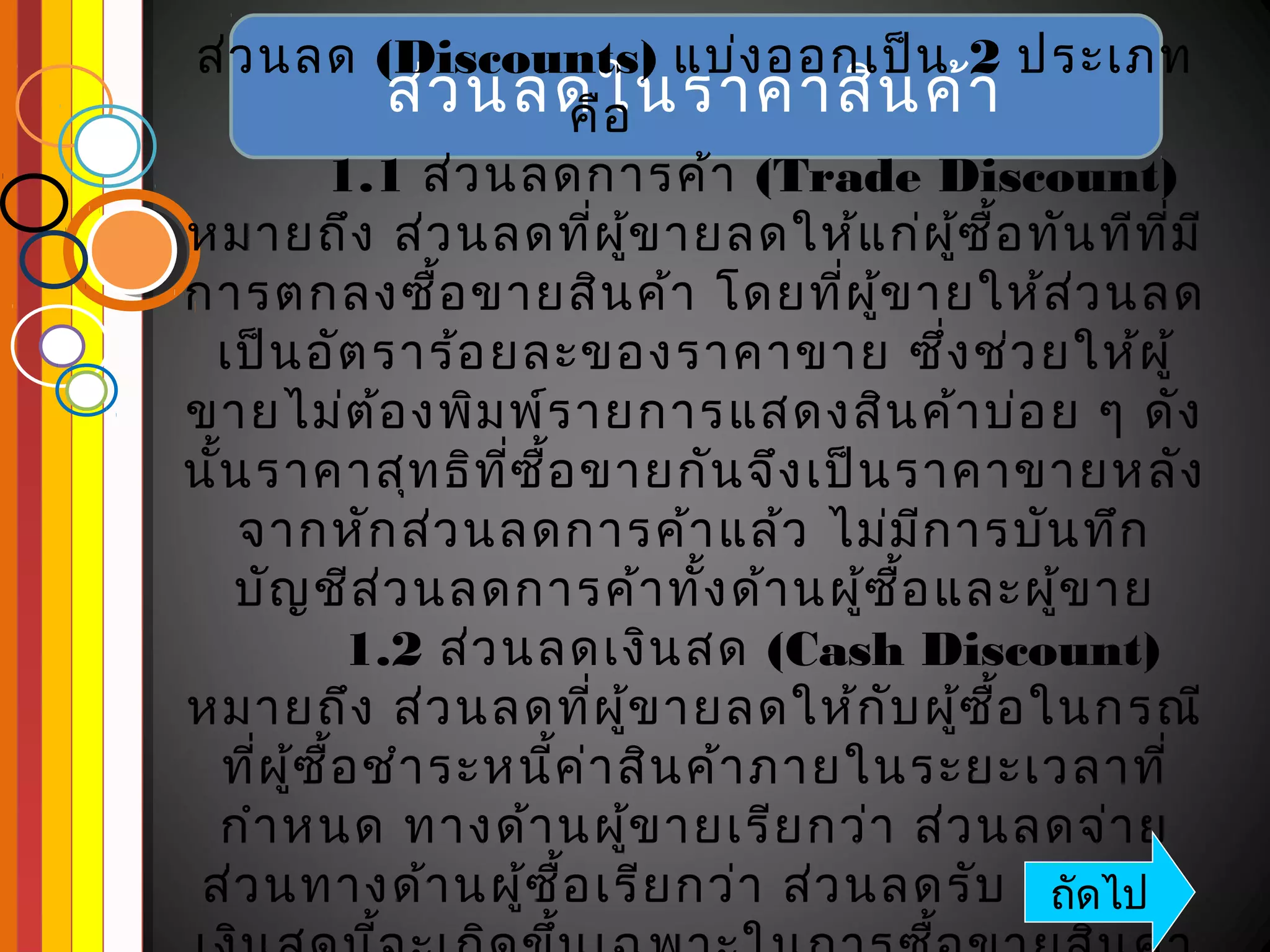ส่ว นลด (Discounts) แบ่ง ออกเป็น 2 ประเภท
                 ส่ว นลดในราคาสิน ค้า
                               คือ
           1.1 ส่ว นลดการค้า (Trade Discount)
หมายถึง ส่ว นลดทีผ ู้ข ายลดให้แ ก่ผ ู้ซ ื้อ ทัน ทีท ม ี
                                  ่                         ี่
การตกลงซื้อ ขายสิน ค้า โดยทีผ ู้ข ายให้ส ว นลด
                                         ่              ่
 เป็น อัต ราร้อ ยละของราคาขาย ซึง ช่ว ยให้ผ ู้    ่
ขายไม่ต ้อ งพิม พ์ร ายการแสดงสิน ค้า บ่อ ย ๆ ดัง
นัน ราคาสุท ธิท ซ ื้อ ขายกัน จึง เป็น ราคาขายหลัง
  ้                    ี่
     จากหัก ส่ว นลดการค้า แล้ว ไม่ม ก ารบัน ทึก ี
    บัญ ชีส ่ว นลดการค้า ทัง ด้า นผู้ซ อ และผู้ข าย
                                    ้        ื้
              1.2 ส่ว นลดเงิน สด (Cash Discount)
หมายถึง ส่ว นลดทีผ ู้ข ายลดให้ก บ ผู้ซ อ ในกรณี
                                ่          ั        ื้
    ทีผ ู้ซ ื้อ ชำา ระหนีค ่า สิน ค้า ภายในระยะเวลาที่
      ่                   ้
    กำา หนด ทางด้า นผู้ข ายเรีย กว่า ส่ว นลดจ่า ย
 ส่ว นทางด้า นผู้ซ อ เรีย กว่า ส่ว นลดรับ ส่ถัดไป
                            ื้                         ว นลด
 
