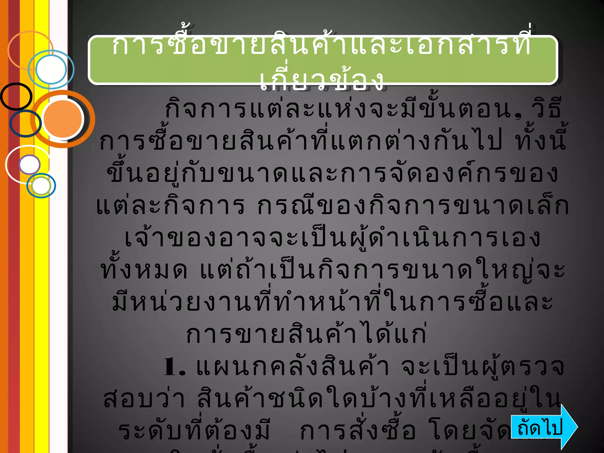 การซื้อ ขายสิน ค้า และเอกสารที่ ่
 การซือ ขายสิน ค้า และเอกสารที
       ้
           เกี่ย วข้อ ง
            เกี่ย วข้อ ง
       กิจ การแต่ล ะแห่ง จะมีข น ตอน , วิธ ี
                                  ั้
การซือ ขายสิน ค้า ที่แ ตกต่า งกัน ไป ทั้ง นี้
        ้
 ขึ้น อยูก ับ ขนาดและการจัด องค์ก รของ
          ่
แต่ล ะกิจ การ กรณีข องกิจ การขนาดเล็ก
   เจ้า ของอาจจะเป็น ผูด ำา เนิน การเอง
                             ้
ทั้ง หมด แต่ถ ้า เป็น กิจ การขนาดใหญ่จ ะ
 มีห น่ว ยงานที่ท ำา หน้า ที่ใ นการซื้อ และ
            การขายสิน ค้า ได้แ ก่
       1. แผนกคลัง สิน ค้า จะเป็น ผูต รวจ
                                       ้
สอบว่า สิน ค้า ชนิด ใดบ้า งที่เ หลือ อยูใ น่
  ระดับ ที่ต ้อ งมี การสัง ซื้อ โดยจัด ทำดไป
                           ่             ถั า
 