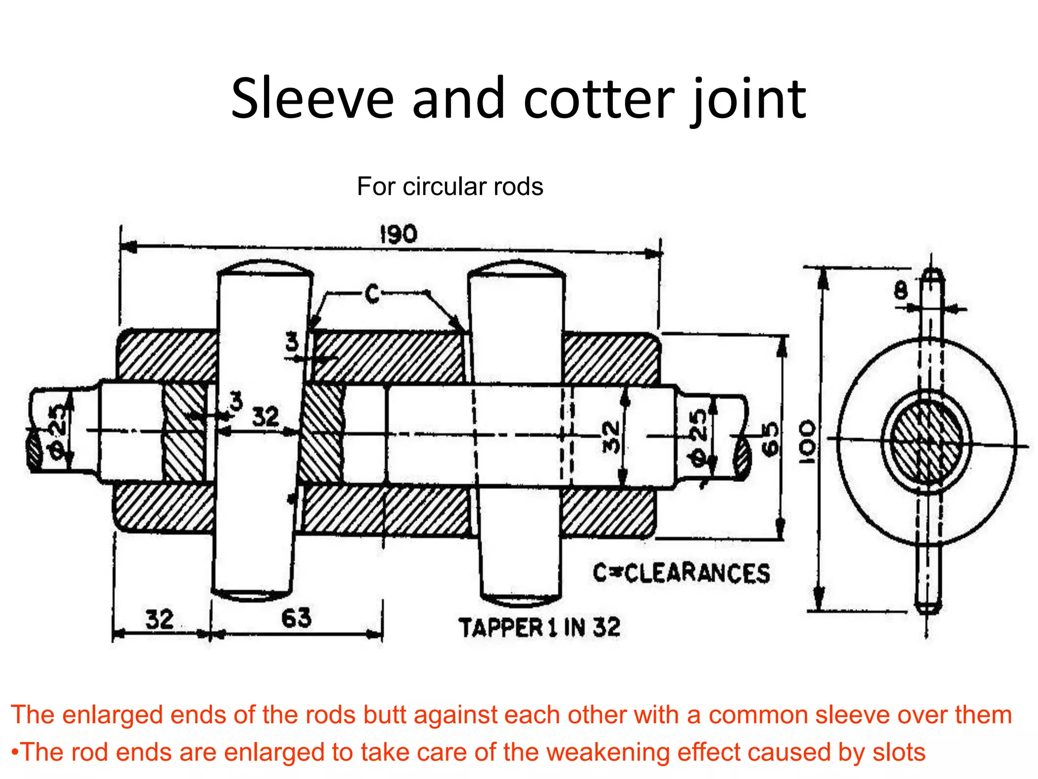 Sleeve and cotter joint
The enlarged ends of the rods butt against each other with a common sleeve over them
•The rod ends are enlarged to take care of the weakening effect caused by slots
For circular rods
 