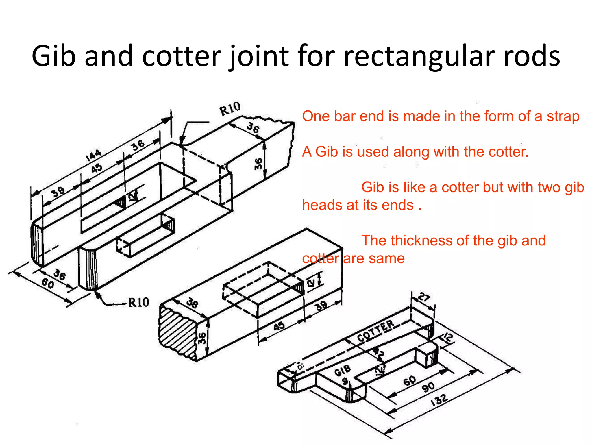 Gib and cotter joint for rectangular rods
One bar end is made in the form of a strap
A Gib is used along with the cotter.
Gib is like a cotter but with two gib
heads at its ends .
The thickness of the gib and
cotter are same
 