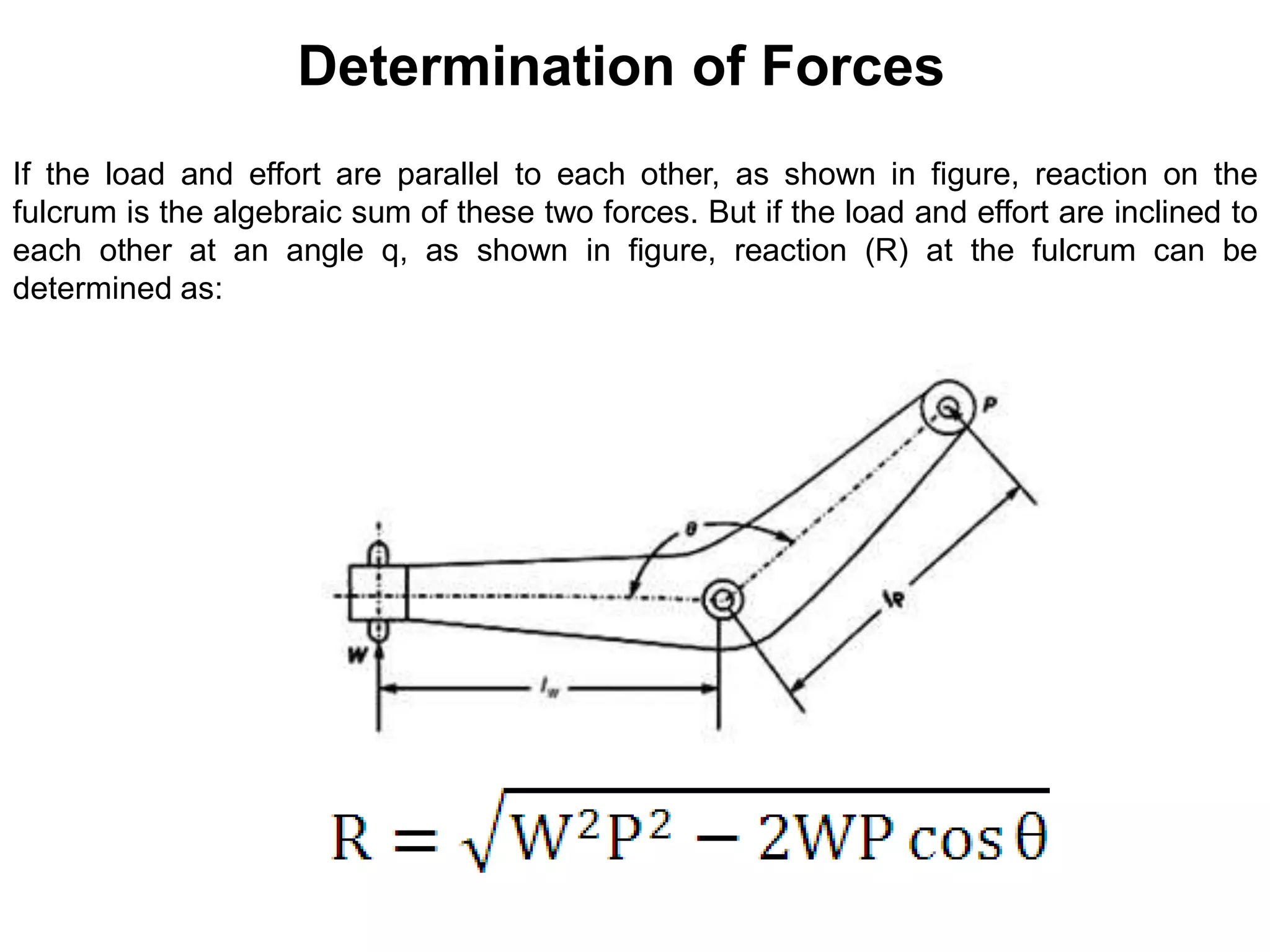 Determination of Forces
If the load and effort are parallel to each other, as shown in figure, reaction on the
fulcrum is the algebraic sum of these two forces. But if the load and effort are inclined to
each other at an angle q, as shown in figure, reaction (R) at the fulcrum can be
determined as:
 