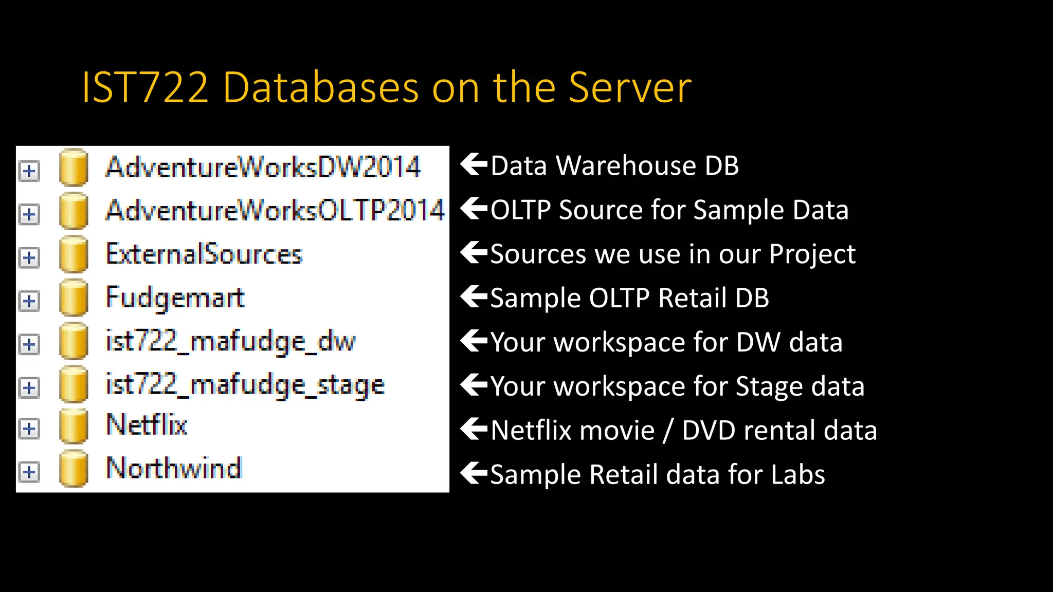 IST722 Databases on the Server
Data Warehouse DB
OLTP Source for Sample Data
Sources we use in our Project
Sample OLTP Retail DB
Your workspace for DW data
Your workspace for Stage data
Netflix movie / DVD rental data
Sample Retail data for Labs
 