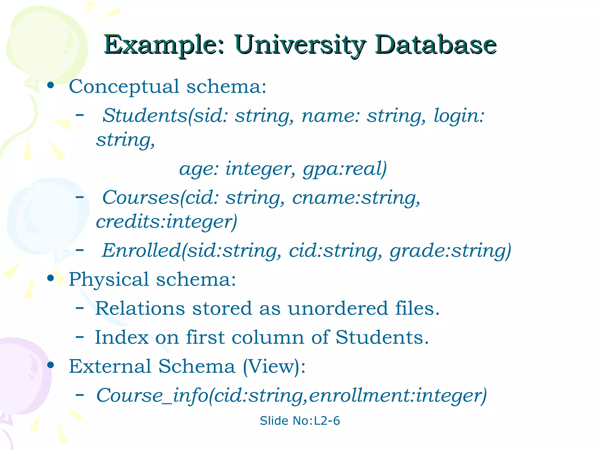 Example: University Database Conceptual schema:  Students(sid: string, name: string, login: string,    age: integer, gpa:real) Courses(cid: string, cname:string, credits:integer)  Enrolled(sid:string, cid:string, grade:string) Physical schema: Relations stored as unordered files.  Index on first column of Students. External Schema (View):  Course_info(cid:string,enrollment:integer) 
