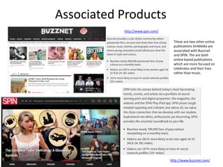 Associated Products
These are two other online
publications SinMedia are
associated with Buzznet
and SPIN. The are both
online based publications
which are more focused on
celebrates and their lives
rather than music.
http://www.spin.com/
http://www.buzznet.com/
 