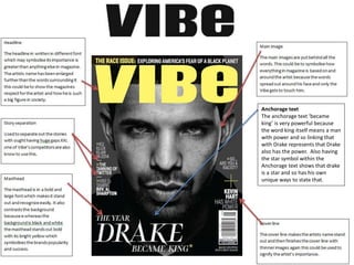 Anchorage text
The anchorage text ‘became
king’ is very powerful because
the word king itself means a man
with power and so linking that
with Drake represents that Drake
also has the power. Also having
the star symbol within the
Anchorage text shows that drake
is a star and so has his own
unique ways to state that.
 
