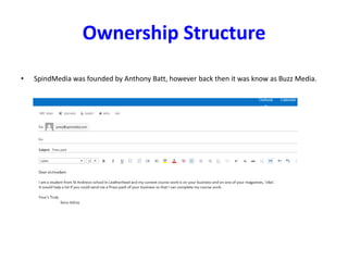 Ownership Structure
• SpindMedia was founded by Anthony Batt, however back then it was know as Buzz Media.
 
