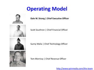 Operating Model
Dale W. Strang | Chief Executive Officer
Scott Southron | Chief Financial Officer
Sunny Walia | Chief Technology Officer
Tom Morrissy | Chief Revenue Officer
http://www.spinmedia.com/the-team
 