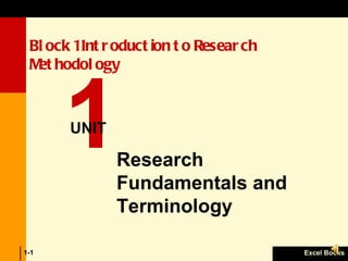 Excel Books 1- 1 UNIT Block 1 Introduction to Research Methodology Research Fundamentals and Terminology 