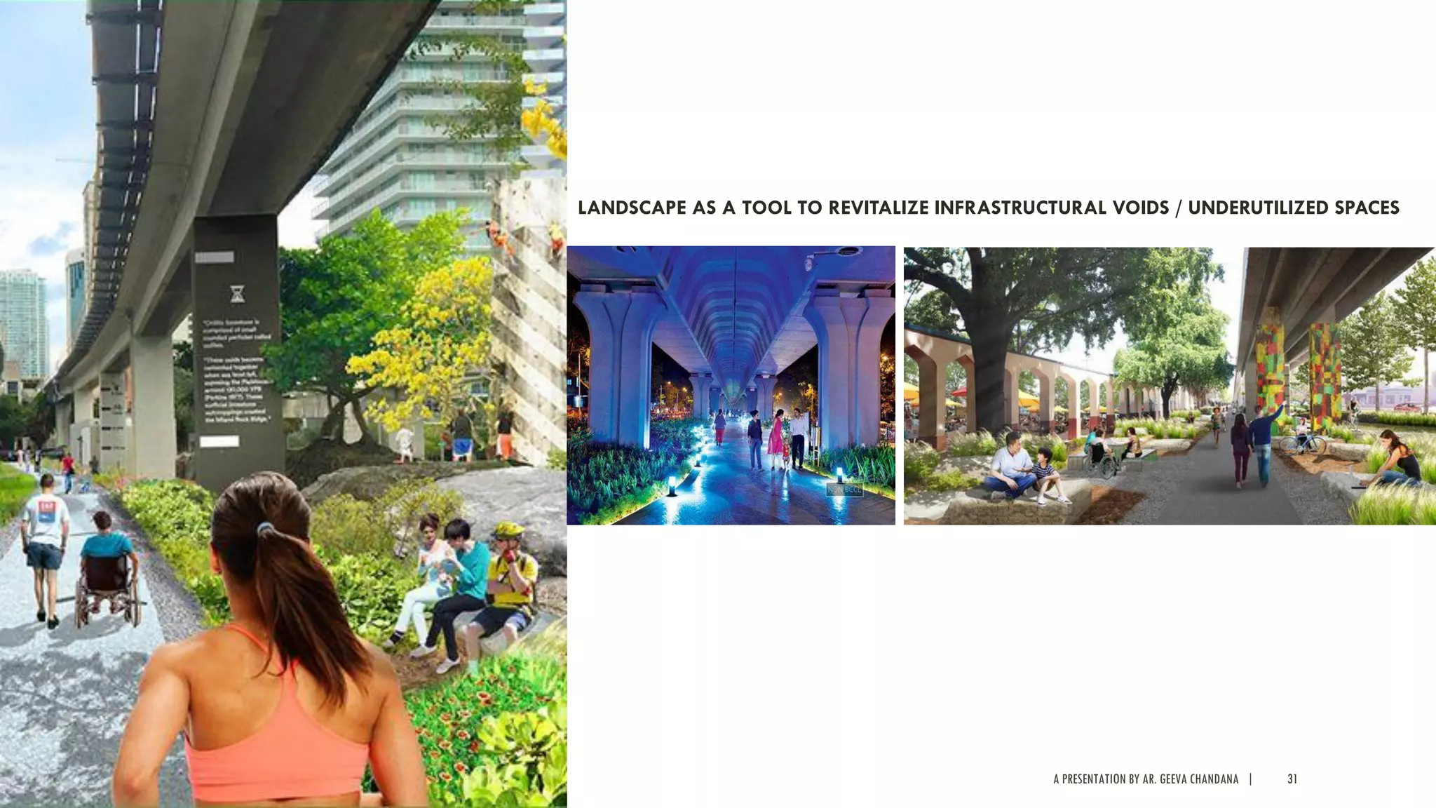 A PRESENTATION BY AR. GEEVA CHANDANA | 31
LANDSCAPE AS A TOOL TO REVITALIZE INFRASTRUCTURAL VOIDS / UNDERUTILIZED SPACES
 