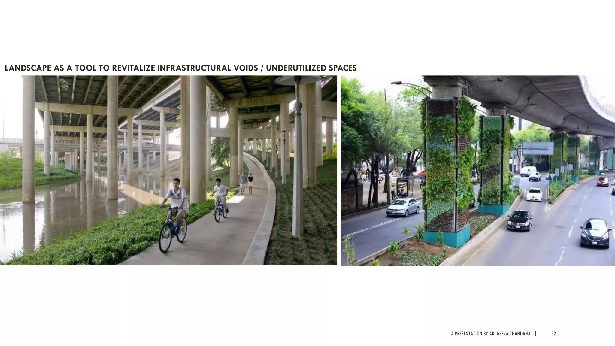 A PRESENTATION BY AR. GEEVA CHANDANA | 32
LANDSCAPE AS A TOOL TO REVITALIZE INFRASTRUCTURAL VOIDS / UNDERUTILIZED SPACES
 