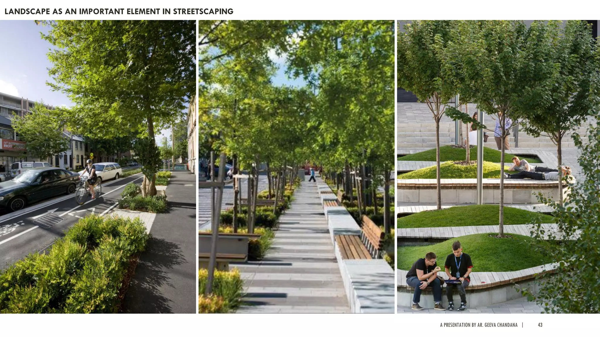 A PRESENTATION BY AR. GEEVA CHANDANA | 43
LANDSCAPE AS AN IMPORTANT ELEMENT IN STREETSCAPING
 