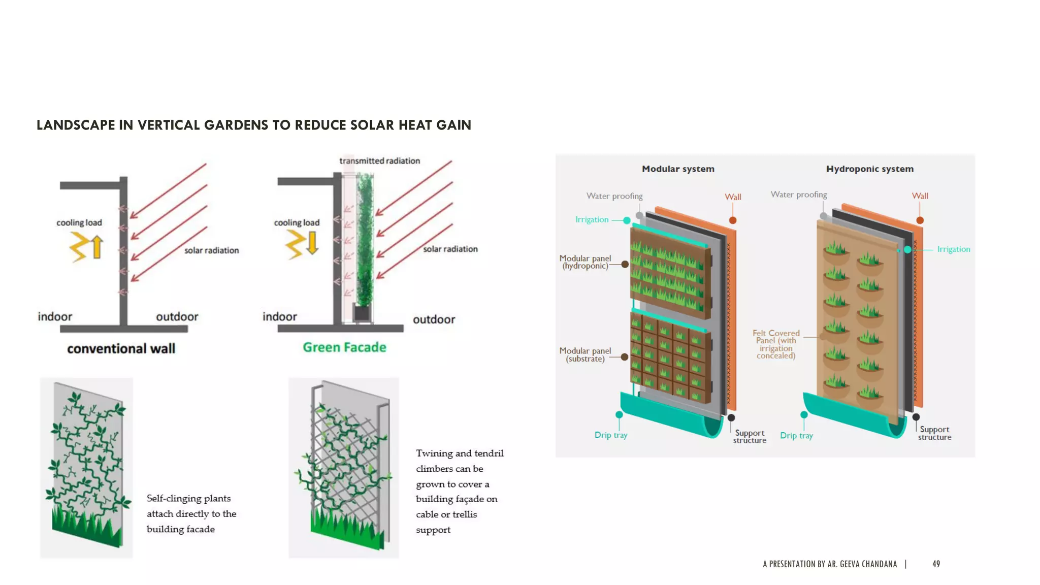 A PRESENTATION BY AR. GEEVA CHANDANA | 49
LANDSCAPE IN VERTICAL GARDENS TO REDUCE SOLAR HEAT GAIN
 