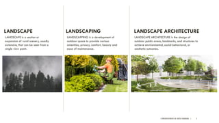 A PRESENTATION BY AR. GEEVA CHANDANA | 5
LANDSCAPE LANDSCAPING LANDSCAPE ARCHITECTURE
LANDSCAPE is a section or
expansion of rural scenery, usually
extensive, that can be seen from a
single view point.
LANDSCAPPING is a development of
outdoor space to provide various
amenities, privacy, comfort, beauty and
ease of maintenance.
LANDSCAPE ARCHITECTURE is the design of
outdoor public areas, landmarks, and structures to
achieve environmental, social behavioral, or
aesthetic outcomes.
 