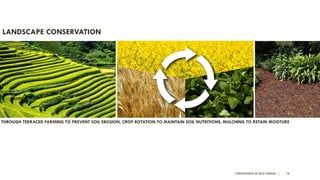 A PRESENTATION BY AR. GEEVA CHANDANA | 58
LANDSCAPE CONSERVATION
THROUGH TERRACED FARMING TO PREVENT SOIL EROSION, CROP ROTATION TO MAINTAIN SOIL NUTRITIONS, MULCHING TO RETAIN MOISTURE
 