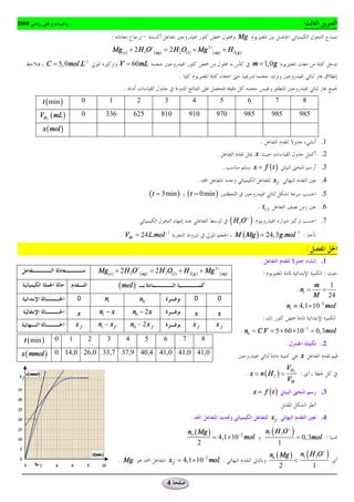 2008                                                                                                                                                                             :
                                                  :                                                                                    Mg
                                                  Mg( s ) + 2 H 3O + ( aq ) = 2 H 2O( l ) + Mg 2+ ( aq) + H 2( g )
                 C = 5, 0mol.L-1                      V = 60mL                                                                                   m = 1,0 g
                                                                                             .
                                                        .
             t ( min )            0            1                  2                   3                   4                 5                6                    7                  8

           VH 2 ( mL )            0          336                 625                 810             910               970                  985                 985              985

             x ( mol )
                                                                                                                                                      .                                   .1
                                                                                                                       .                          x                                       .2
                                                                                                                              .                  x = f (t )                               .3
                                                                                                              .                                                  xf                       .4
                                                                          . ( t = 3min )             ( t = 0 min )                                                                        .5
                                                                                                                                                  . t1 2                                  .6

                                                                                                                                     (H O )
                                                                                                                                       3
                                                                                                                                            +
                                                                                                                                                                                          .7

                                                      . VM = 24 L.mol -1                                                              M ( Mg ) = 24,3 g.mol -1 :
.                                                                                                                                                                                    :
                                                                                                                                                      .                                   .1
                                                                   +                                                   2+
                                          Mg( s ) + 2 H 3O             ( aq )   = 2 H 2O( l ) + H 2( g ) + Mg               ( aq )                        :                                :
                                                      ( mol )                                                                                                                   . n1 =
                                                                                                                                                                                         m
                                                                                                                                                                                           =
                                                                                                                                                                                             1
                             0                                                                            0             0                                                                M 24
                                             n1                     n0
                                                                                                                                                                         n1 » 4,1´ 10-2 mol
                             x            n1 - x                n0 - 2 x                                  x            x
                                                                                                                                                          :
                             xf           n1 - x f              n0 - 2 x f                                xf           xf
                                                                                                                                           . n0 = C.V = 5 ´ 60 ´ 10-3 = 0,3mol
     t ( min )     0     1            2       3             4              5          6          7                8
                                                                                                                                                                         .                .2
    x ( mmol )     0 14,0 26,0 33,7 37,9 40,4 41,0 41,0 41,0                                                                                                                     x
                                                                                                                                                                         VH 2
                                                                                                                                            . x = n ( H2 ) =                     :
                                                                                                                                                                         VM
                                                                                                                                             . x = f (t )                                 .3


                                                                                                      .                                                         xf                        .4

                                                                                                     n0 ( Mg )                                                n1 ( H 3O + )
                                                                                                               = 4,1´10 -2 mol                                                  = 0, 3mol :
                                                                                                          2                                                          1
                                                                                                                                                               n0 ( Mg ) n1 ( H 3O )
                                                                                                                                                                                  +
                                                                                                                  -2
                                                      . Mg                                x f = 4,1´10 mol :                                                            <
                                                                                                                                                                   2           1

                                                                                       4
 
