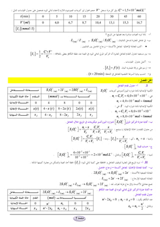 :                                                                                                                  V'                              C ' = 1,5 ´ 10-2 mol.L-1
             t ( min )                  0                5                        10                   15              20                30                    45                  60
            V ' ( ml )                  0                4,0                      6,7                  8,7             10,4             13,1                  15,3             16,7
        [ I 2 ] ( mmol / l )
                                                                                                                                                                                                   -
                                                                                   . I 2( aq) / I -( aq)         S 4O62-( aq) / S 2O32-( aq ) :                                                -
                                                                                                   .                                                                                       ·
                                      1 C '´ V '
                         [ I2 ] =       ´        :                                                                                                                                              -
                                      2   V0
                                                                                                                                                               .                                -
                                                                                                                                . [ I2 ] = f (t )                                               -
                                                                                                             . ( t = 20 min )                                                                  -
.                                                                                                                                                                                  :
                                                                                                                                                   .                         -             .I
                                                  2-                 -                       2-
                                            S 2O  8 ( aq )   + 2I        ( aq )   = 2SO      4 ( aq )   + I 2( aq)           S 2O  2-
                                                                                                                                   8

                                              ( mmol )                                                                                  . n1 = C1.V1 = 4, 0 ´10-2 ´10-1 :
                                                                                                                                                    n1 = 4, 0 ´ 10 -3 mol = 4mmol
                               0              4                      8                         0                0
                                                                                                                                               :         I-
                             x (t )      4 - x (t )          8 - 2x (t )                   2x ( t )           x (t )
                                                                                                                                         . n2 = C2 .V2 = 8, 0 ´10-2 ´10-1
                               xf           4-xf               8 - 2x f                     2x f               xf
                                                                                                                                                    n2 = 8, 0 ´ 10-3 mol = 8mmol
                                                                         .                                                                     é S2O82- ù
                                                                                                                                               ë        û                                          -
                                                                                                 n - x C1.V1         x
                                                                                  é S 2O82- ù = 1
                                                                                  ë         û           =        -          :       (                                          )
                                                                                                   VT     V1 + V2 V1 + V2
                                                                                                     C .V
                                                                                      é S 2O82- ù = 1 1 - [ I 2 ] :
                                                                                                                                    x
                                                                                      ë         û V +V                . [ I2 ] =         :                                     nI 2 = x :
                                                                                                      1   2                      V1 + V2
                                                                                                                                                              . é S 2O82- ù
                                                                                                                                                                ë         û0                       -
                                                                          4 ´10-2 ´10-1                                                                                     C .V
                                                     .       é S2O82- ù =
                                                             ë        û0      -1    -1
                                                                                        = 2 ´10-2 mol.L-1 :                                                   é S 2O82- ù = 1 1 :
                                                                                                                                                              ë         û0 V + V
                                                                           10 + 10                                                                                          1    2

                         .                                                               ( I2 )                                                                                        - .II
                                                                                                                        .                                                                          -
                                                                                                                            2-                     2-               -
                                                                                                                 . 2 S 2O   3 ( aq )   ® S4 O      6 ( aq )   + 2e :
                                                                                                                            . I 2(aq ) + 2e - ® 2 I - (aq ) :
                                                               2S 2O32-( aq ) + I 2( aq) ® S4O6 - ( aq ) + 2 I - ( aq ) :
                                                                                              2


                                                                                                                        .                                                                          -
                                        2S 2O32-( aq ) + I 2( aq) ® S4O6 - ( aq ) + 2 I - ( aq )
                                                                       2

                                                                                                                                                                         .
                                             ( mol )                                                                          n '- 2 xE = 0              n0 - x E = 0 :
                             0               n'                 n0                      0                 0                                                                             n'
                                                                                                                                                                    xE = n0 =              :
                             xE          n '- 2 xE           n0 - x E                   xE               2x E                                                                           2


                                                                                          7
 
