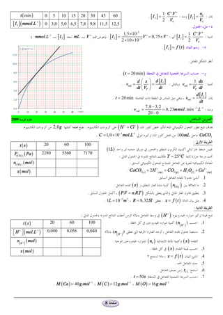 t ( min )                                                                                                                  1 C '.V '                                  n0
                        0     5        10      15    20           30      45       60                                   . [ I2 ] = .        :                  [ I2 ] =         :
                                                                                                                                  2 V0
[ I 2 ] ( mmol.L-1 )
                                                                                                                                                                             V0
                        0 3,0 5,0 6,5 7,8 9,8 11,5 12,5
                                                                                                                                                                   .                  -
                                                                                             1,5 ´10-2                                                         1 C '.V '
                 ( mmol.L-1         [ I2 ]      mL        V'                ) . [ I2 ] =                V ' = 0, 75 ´ V ' :                         [ I2 ] =    .        :
                                                                                            2 ´10 ´10-3                                                        2 V0
                                                                                                                                     . [ I2 ] = f (t )                         -


                                                                                                                                                               .

                                                                                            . ( t = 20 min )                                                                   -
                                                                                                              d æ x ö d [I2 ]                                           1 dx
                                                                                             . vvol =            ç ÷=         :                         vvol =               :
                                                                                                              dt è VT ø dt                                             VT dt
                                                                                                                                                                           d [ I2 ]
                                                                                  . t = 20 min                                                              vvol =
                                                                                                                                                                             dt
                                                                                                                       7,8 - 3, 2
                                                                                                           . v vol =              = 0, 23mmol .min -1 .L-1 :
                                                                                                                        20 - 0
2009                                                                                                                                                        :
                              2,0g                        .                             (H    +
                                                                                                  + Cl - )
                                                                       . C = 1,0 ´10-1 mol.L-1                                                      100mL                    CaCO3
                                                                                                                                                                       :
       t (s)           20                60              100
                                                                               (1L )
 P(CO2 ) ( Pa )        2280            5560              7170
                                                                                        :                                                T = 25°C
 n( CO2 ) ( mol )                                                                                      :
   x ( mol )                                                                                      . CaCO3( s ) + 2 H + ( aq ) = CO2( g ) + H 2O( l ) + Ca 2+ ( aq )
                                                                                                                                                                               .1
                                                                                   .                       ( x)                              (n )
                                                                                                                                                CO2                            .2
                                                              .                         ( P.V = n.R.T )                                                                        .3
                                                                           . 1L = 10-3 m3                   R = 8,32SI               . x = f (t )                              .4
                                                                                                                                                                       :
                                                     :                                                                               (H )+


         t (s)               20               60              100                                  .                                                (n H + )
                                                                                                                                                      ( )
                                                                                                                                                                              .1

 é H + ù ( mol.L-1 )
 ë û
                            0,080            0,056            0,040               (n H + )                                                                                    .2
                                                                                       ( )
   n H + ( mol )                                                                  .                                     ( n0 )                           ( x)
       ( )
       x ( mol )
                                                                                                                         .               ( x)                                 .3
                                                                                                                                         x = f (t )                           .4
                                                                                                                                                .                             .5
                                                                                                                                 .                       t1/ 2                .6
                                                                                                       . t = 50s                                                              .7
                               . M ( Ca ) = 40 g .mol -1               M ( C ) = 12 g .mol -1                M ( O ) = 16 g .mol -1



                                                                            8
 