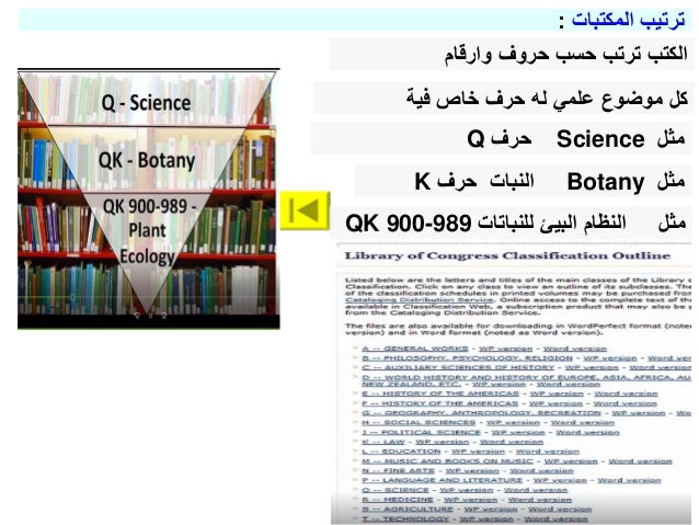 ‫ترتيب‬
‫المكتبات‬
:
‫فية‬ ‫خاص‬ ‫حرف‬ ‫له‬ ‫علمي‬ ‫موضوع‬ ‫كل‬
‫وارقام‬ ‫حروف‬ ‫حسب‬ ‫ترتب‬ ‫الكتب‬
‫مثل‬
Science
‫حرف‬
Q
‫مثل‬
Botany
‫النبات‬
‫حرف‬
K
‫مثل‬
‫للنباتات‬ ‫البيئ‬ ‫النظام‬
QK 900-989
 