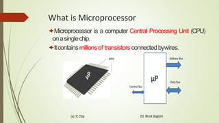 What is Microprocessor
Microprocessor is a computer Central Processing Unit (CPU)
onasinglechip.
Itcontainsmillionsof transistors connectedbywires.
 