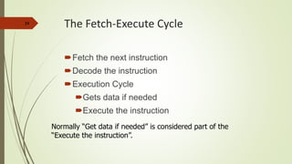 34
The Fetch-Execute Cycle
Fetch the next instruction
Decode the instruction
Execution Cycle
Gets data if needed
Execute the instruction
Normally “Get data if needed” is considered part of the
“Execute the instruction”.
 