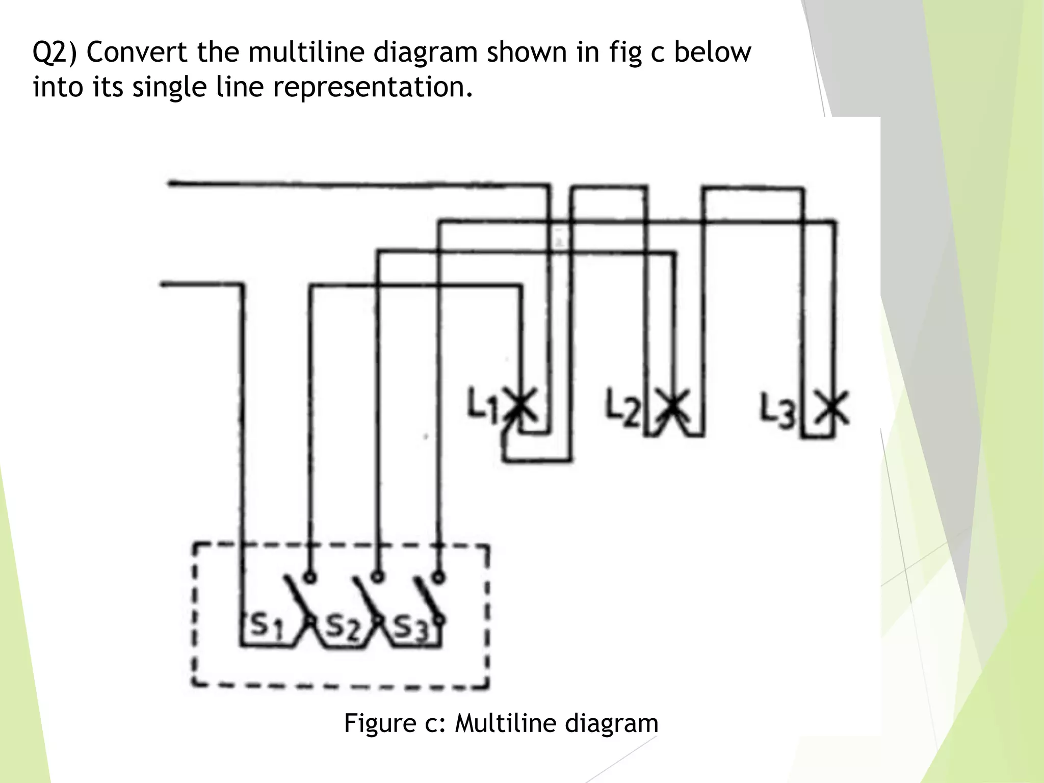 Q2) Convert the multiline diagram shown in fig c below
into its single line representation.
Figure c: Multiline diagram
 