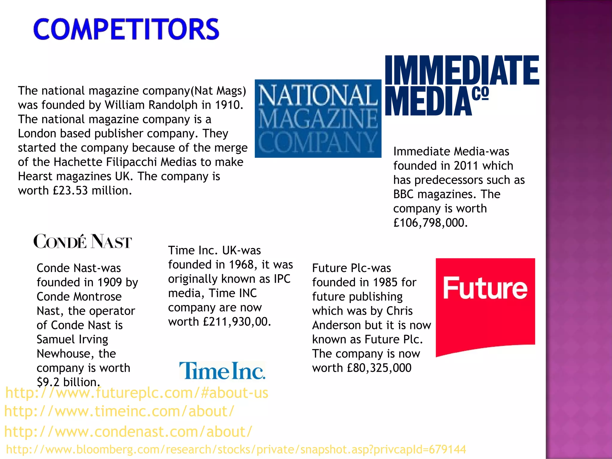 The national magazine company(Nat Mags)
was founded by William Randolph in 1910.
The national magazine company is a
London based publisher company. They
started the company because of the merge
of the Hachette Filipacchi Medias to make
Hearst magazines UK. The company is
worth £23.53 million.
Conde Nast-was
founded in 1909 by
Conde Montrose
Nast, the operator
of Conde Nast is
Samuel Irving
Newhouse, the
company is worth
$9.2 billion.
Time Inc. UK-was
founded in 1968, it was
originally known as IPC
media, Time INC
company are now
worth £211,930,00.
Future Plc-was
founded in 1985 for
future publishing
which was by Chris
Anderson but it is now
known as Future Plc.
The company is now
worth £80,325,000
Immediate Media-was
founded in 2011 which
has predecessors such as
BBC magazines. The
company is worth
£106,798,000.
http://www.bloomberg.com/research/stocks/private/snapshot.asp?privcapId=679144
http://www.condenast.com/about/
http://www.timeinc.com/about/
http://www.futureplc.com/#about-us
 