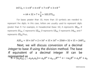 ©2004 Brooks/Cole
Next, we will discuss conversion of a decimal
integer to base R using the division method. The base
R equivalent of a decimal integer N can be
represented as
 