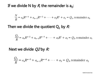 ©2004 Brooks/Cole
If we divide N by R, the remainder is a0:
Then we divide the quotient Q1 by R:
Next we divide Q2 by R:
 