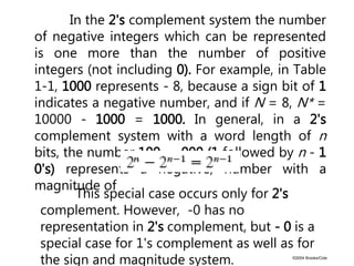 ©2004 Brooks/Cole
In the 2's complement system the number
of negative integers which can be represented
is one more than the number of positive
integers (not including 0). For example, in Table
1-1, 1000 represents - 8, because a sign bit of 1
indicates a negative number, and if N = 8, N* =
10000 - 1000 = 1000. In general, in a 2's
complement system with a word length of n
bits, the number 100 .. . 000 (1 followed by n - 1
0's) represents a negative, number with a
magnitude of
This special case occurs only for 2's
complement. However, -0 has no
representation in 2's complement, but - 0 is a
special case for 1's complement as well as for
the sign and magnitude system.
 