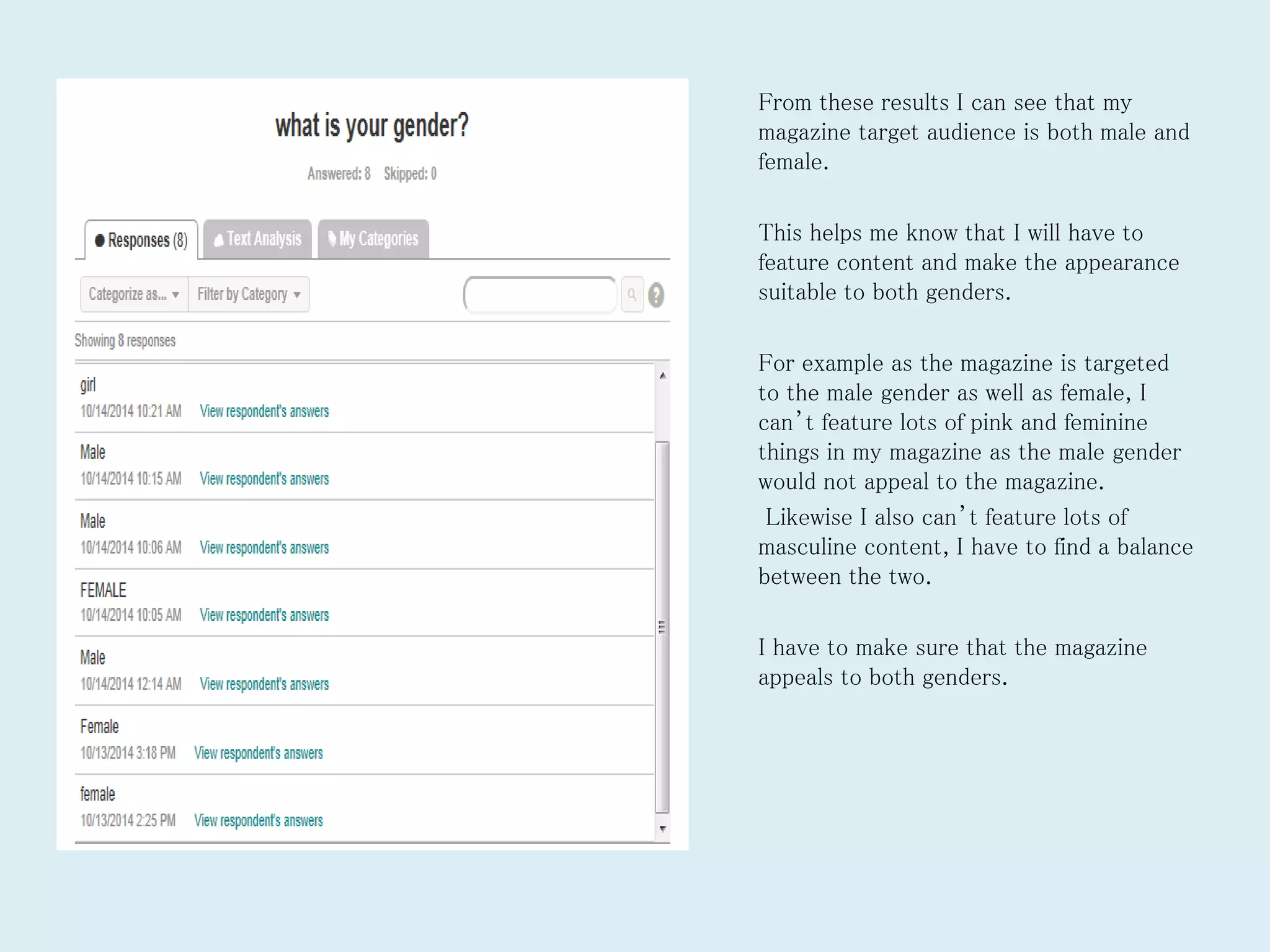 From these results I can see that my
magazine target audience is both male and
female.
This helps me know that I will have to
feature content and make the appearance
suitable to both genders.
For example as the magazine is targeted
to the male gender as well as female, I
can’t feature lots of pink and feminine
things in my magazine as the male gender
would not appeal to the magazine.
Likewise I also can’t feature lots of
masculine content, I have to find a balance
between the two.
I have to make sure that the magazine
appeals to both genders.
 