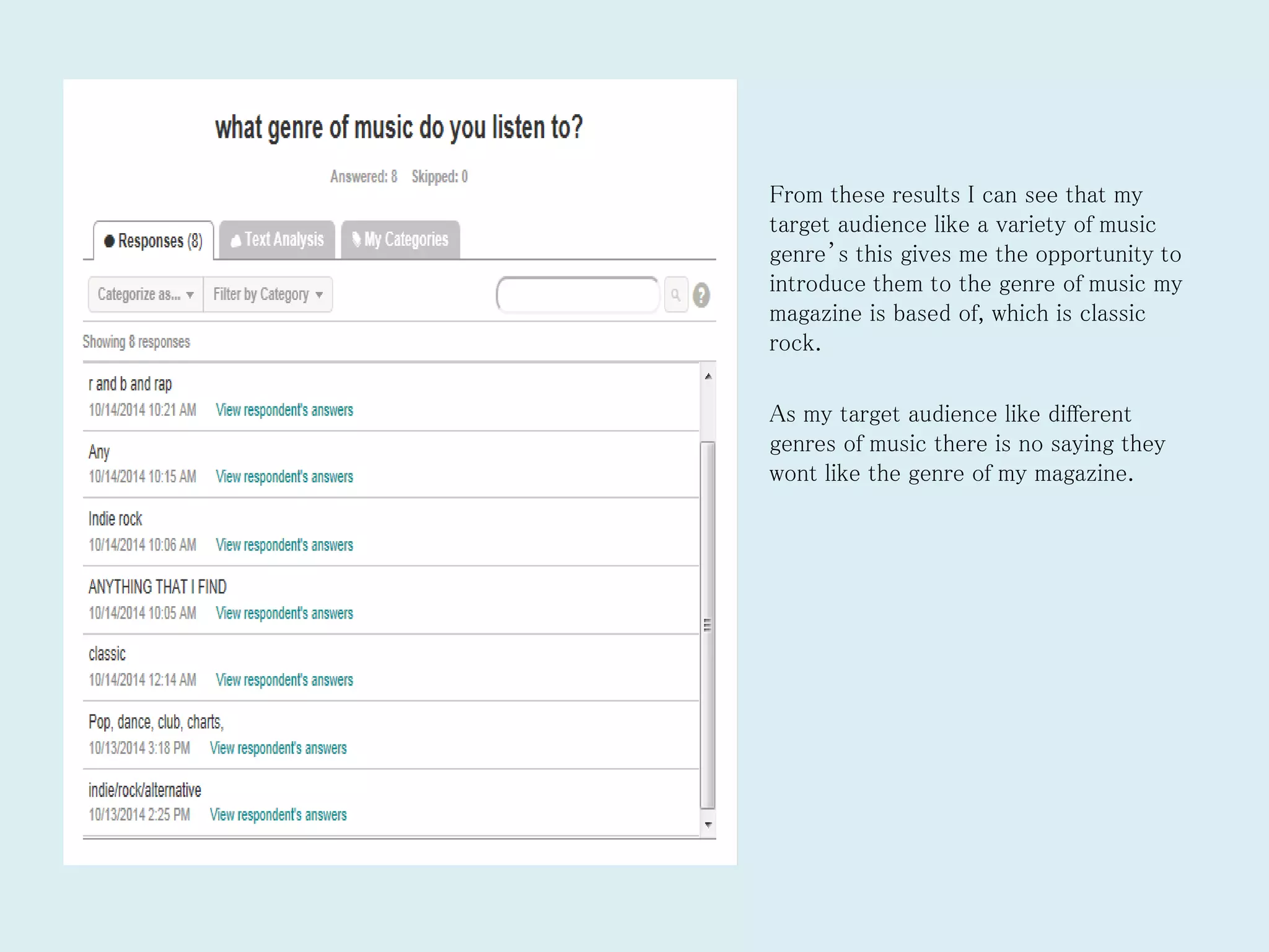 From these results I can see that my
target audience like a variety of music
genre’s this gives me the opportunity to
introduce them to the genre of music my
magazine is based of, which is classic
rock.
As my target audience like different
genres of music there is no saying they
wont like the genre of my magazine.
 