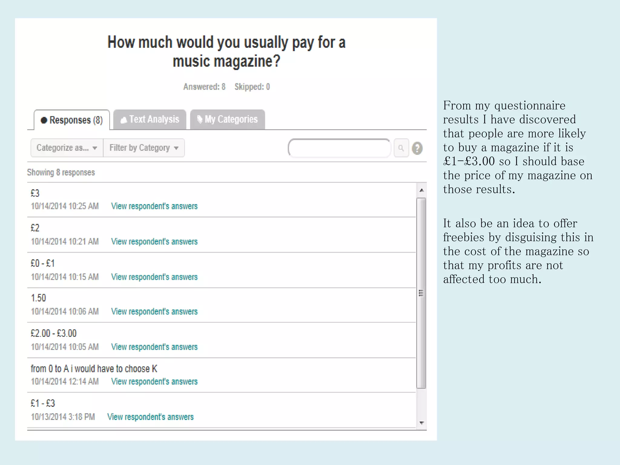 From my questionnaire
results I have discovered
that people are more likely
to buy a magazine if it is
£1-£3.00 so I should base
the price of my magazine on
those results.
It also be an idea to offer
freebies by disguising this in
the cost of the magazine so
that my profits are not
affected too much.
 